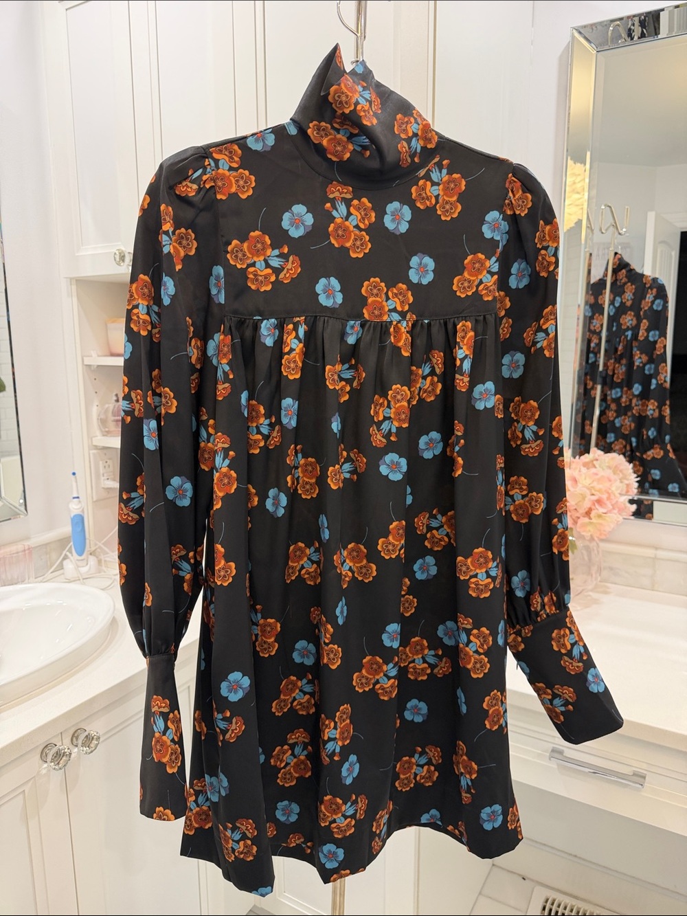 Smythe Black Long-Sleeve Dress with Orange & Blue Floral Print